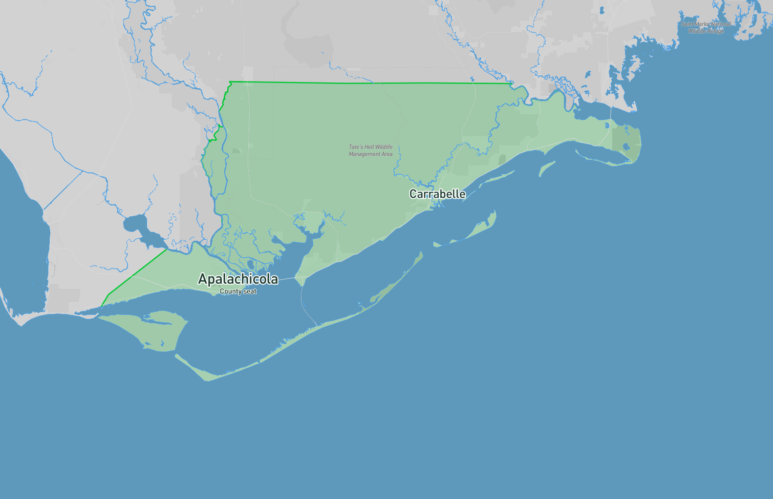 Franklin County service-area map showing the county boundary, Apalachicola county seat, and cities ranked by population