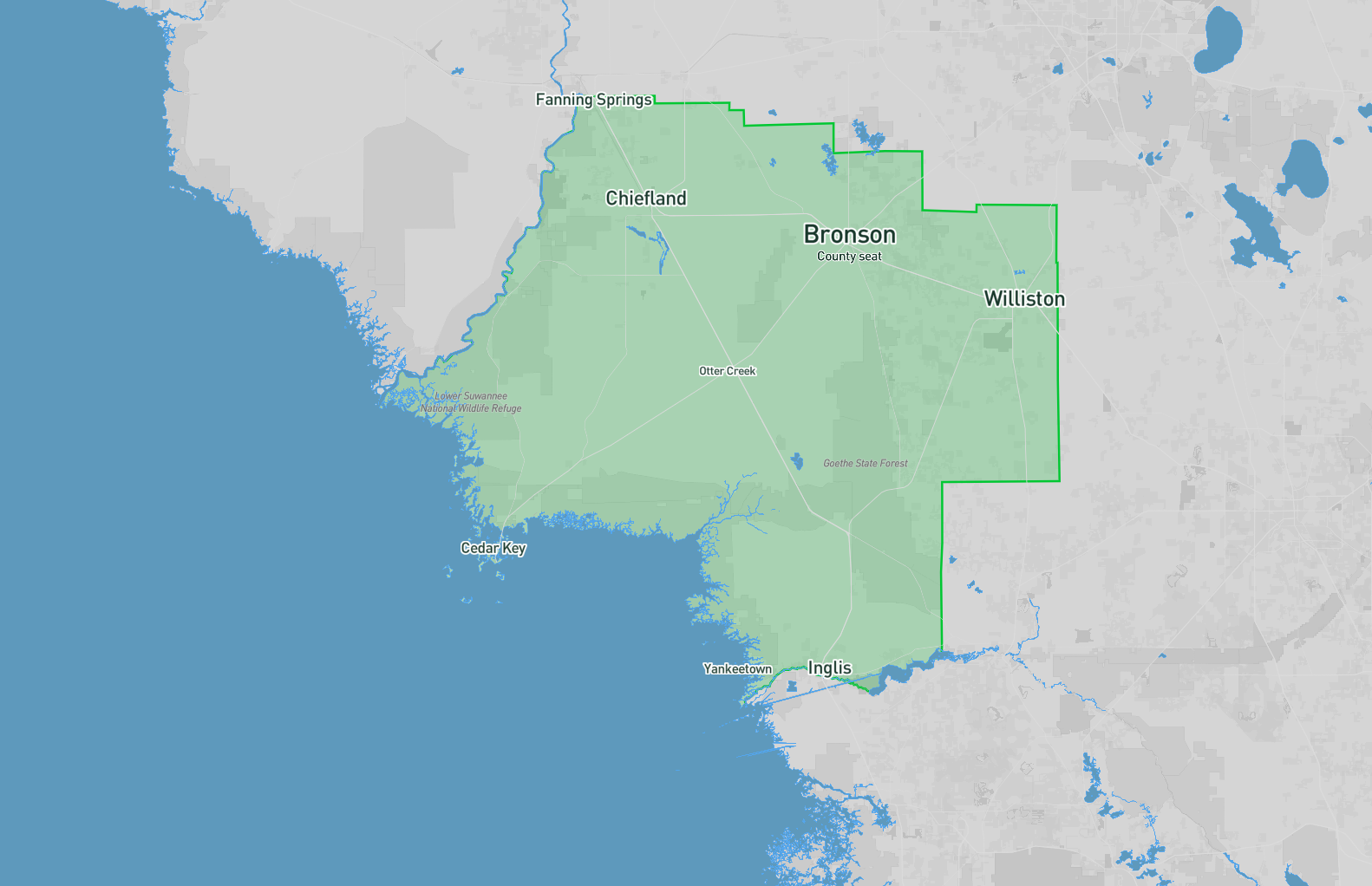 Levy County service-area map showing the county boundary, Bronson county seat, and cities ranked by population