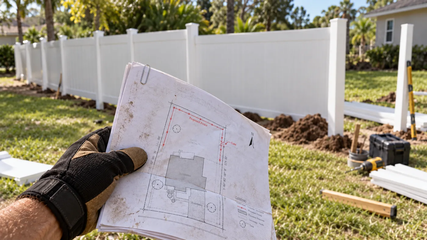 Installer naturally holding a folded, dusty letter-size survey packet at a white vinyl fence jobsite