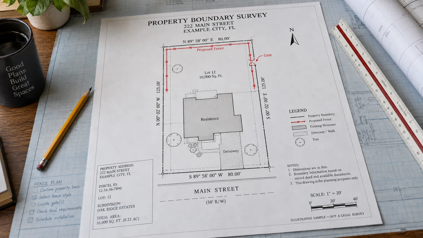 Illustrative letter-size marked property survey on a drafting desk