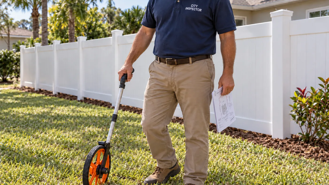 City inspector holding a letter-size survey packet at his side and a measuring wheel