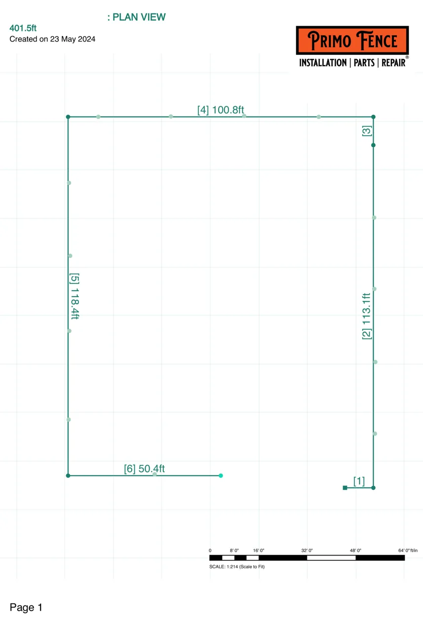 Fence layout plan by Primo Fence showing 401.5 linear feet for installation.
